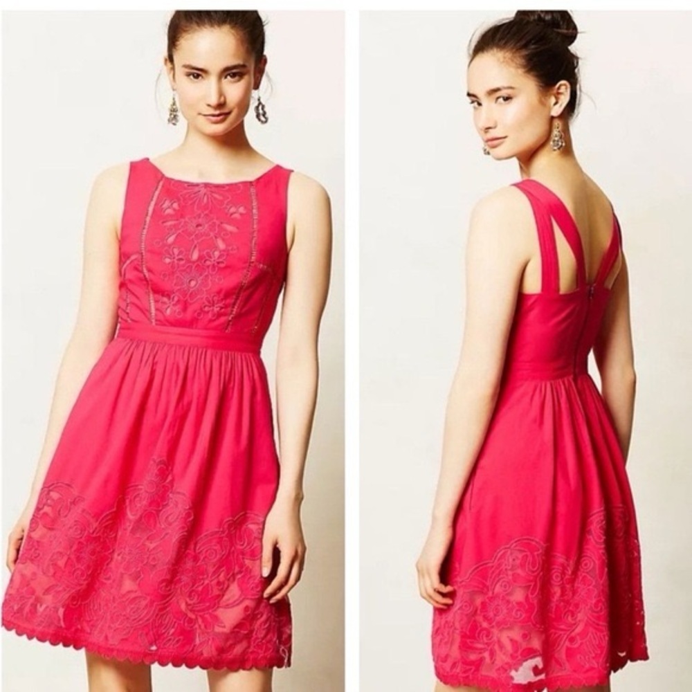 Moulinette Soeurs Pink A-line Dress with Embroidery
